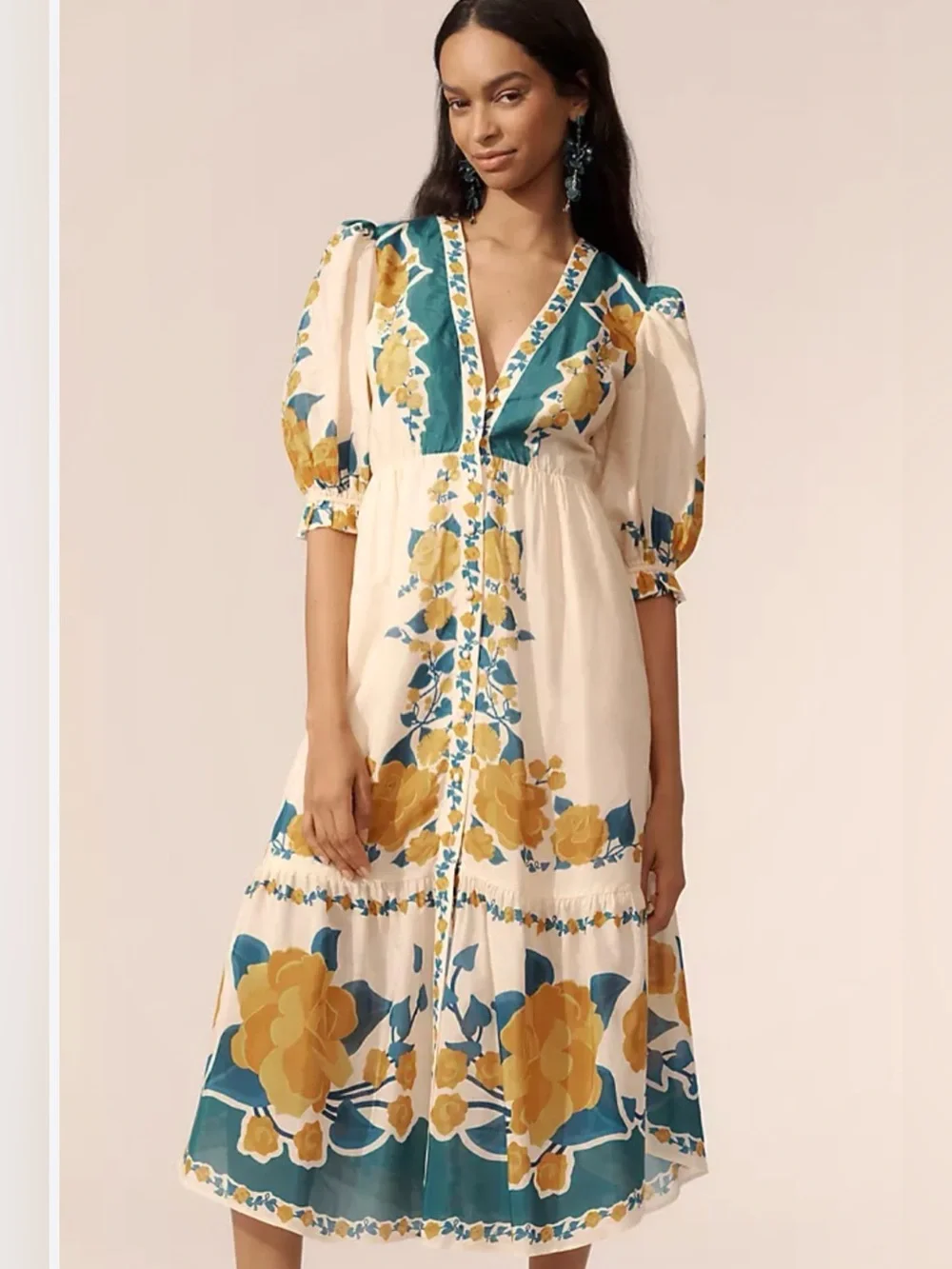 FARM Rio for Anthropologie Floral Puff Sleeve Button Front Midi Dress Large - Picture 1 of 7